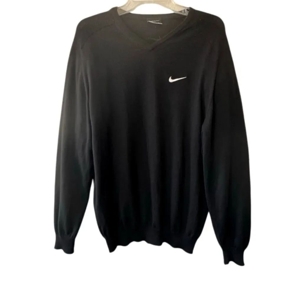 Nike Golf Black V Neck White Swoosh Embroidery Long Sleeve Wool SZ L